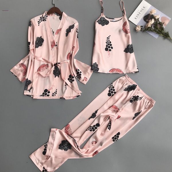

2019 new 3 pcs women pajamas sets with pants pyjama satin flower print nightwear silk negligee sleepwear pyjama, Black;red