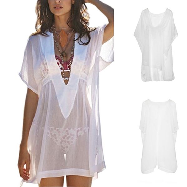 

women chiffon beach transparent cover up swimsuit swimwear short sleeve deep bathing bikini cover-up, Blue;gray