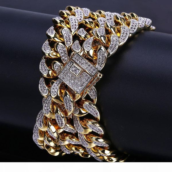 

hip-hop men cuban big gold chain 14 mm stereo micro-zircon necklace water wave chain selling in europe and america