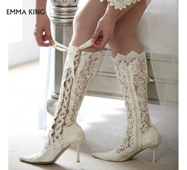 

new white lace bridal shoes pointy toe side lace up knee boots for wedding party shoes woman dress zapatos de mujer, Black