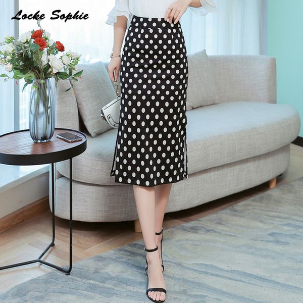 

высокие юбки-талии женские юбки-карандаш 2019 летняя хлопковая смесь сплайсинг волна с точечным принтом юбка женская повседневная карандаш, Black