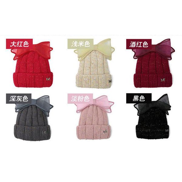 

winter brand female ball cap winter hat for women girls hats bowknot knitted beanies caps thick warm womens skullies beanie, Blue;gray