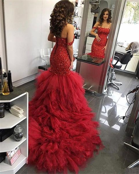 

red crystals beaded mermaid evening dresses off shoulder plus size tiered tulle skirt arabic dubai pageant dresses evening wear prom gown 63, Black;red