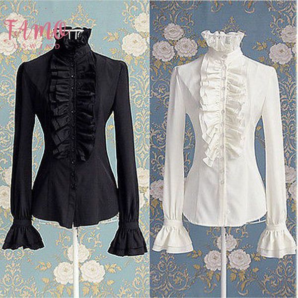 

женская одежда женщины пр офис леди рубашка высокая шея оборки рябить манжеты рубашка блузка падение доставка, White