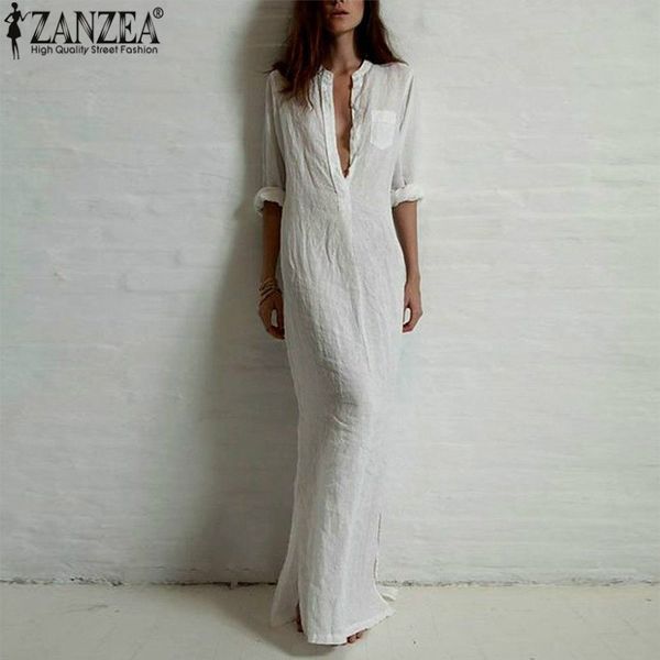 

zanzea 2019 maxi vestidos women's casual sundress deep v neck long sleeve tunic maxi dresses femael split party beach robe, Black;gray