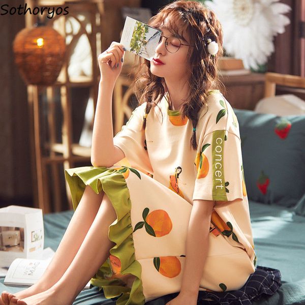 

nightgowns women summer mid-calf cartoon printed ruched ruffles korean style kawaii stretchy students casual trendy homewear new, Black;red