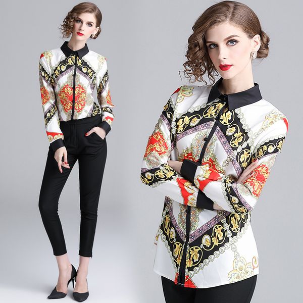 

luxury vintage printing long sleeve shirt women fashion ladies elegant slim blouse fashion office plus size for winter spring autumn, White