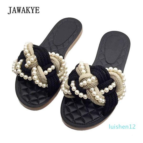 

jawakye black real leather slipper woman open toe pearl flowers flat slides women fashion beach sandals 2020 l12