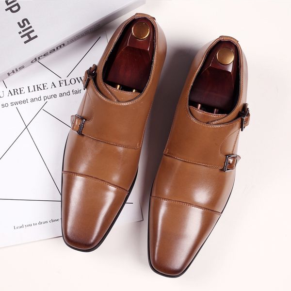 

business leather shoes men's square head dress casual shoes three joint meng ke buckle monk leather shoes men, Black