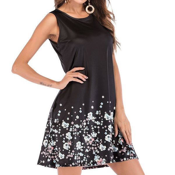 

сексуальные женщины платье без рукавов флора печати круглый вырез карман свободные случайные мини-платье g11816b-l, Black;gray
