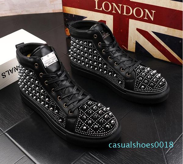

new men luxury rivets sneakers spikes men shoes high punk men casual shoes sheet metal platform shoes ankle c18, Black