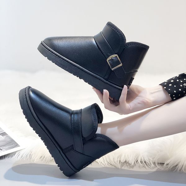 

keep warm boots botas mujer women's fashion rain pu ankle waterproof boots flat heel round head shoes leather u11-74, Black
