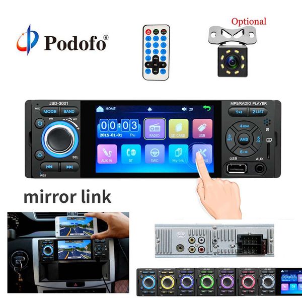 

podofo 4 "сенсорный экран bluetooth автомобильный радиоприемник 1 din mirror link авторадио стерео аудио mp5 видеоплеер usb mp3 tf радио jsd