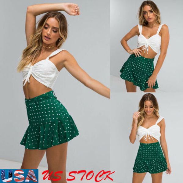 

2019 fashion blue dot skirt womens high waist stretch skater summer lady girl pleated swing polka dot mini skirt, Black