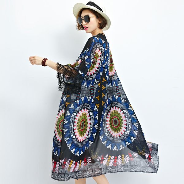 

johnature spring summer prevented bask long women trench bohemia print tassel loose half sleeve korean coats 2019 new, Tan;black