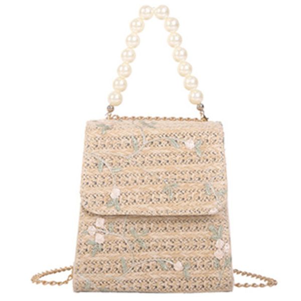 

asds-fashion pearl beaded crossbody handmade straw casual beach bag flower embroidered sweet shoulder tote khaki