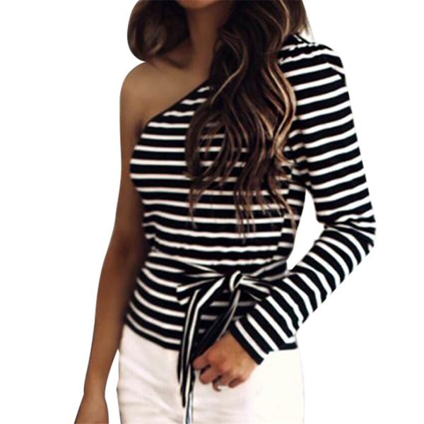 

летние женские однорукавные футболки полосатые тонкие модные женские тройники повседневные сексуальные пояса женская одежда, White