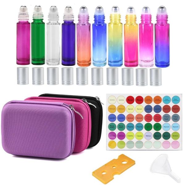 

10pcs rainbow 10ml roller glass bottles for essentialoils glass with stainless steel roller ball with 10 grid eva case