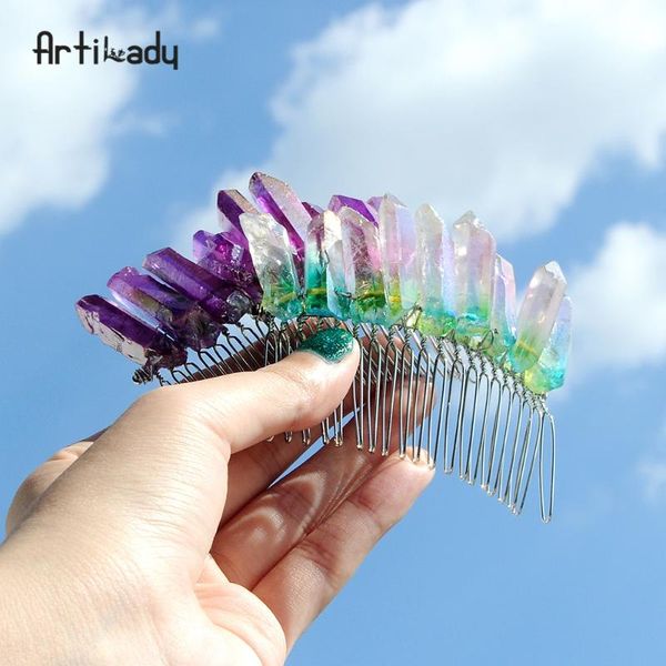 

artilady raw quartz hair comb wedding tiara wedding headband crystal comb bridal hair accessories healing jewelry, Golden;white