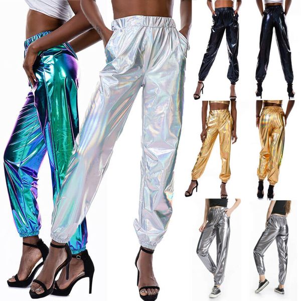 

fashion smoothy reflective women high waist metallic shiny jogger casual holographic color streetwear pants, Black;white