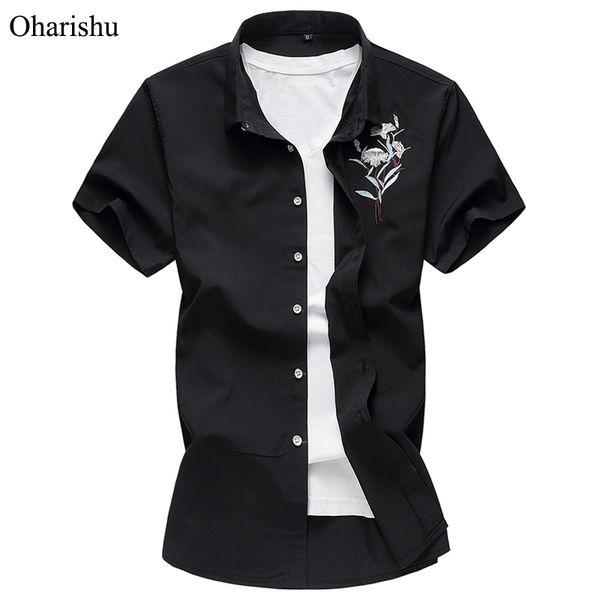 

6xl 7xl chinese style embroidery men's summer shirt fashion print short sleeve shirts men casual plus size hawaii beach shirt, White;black