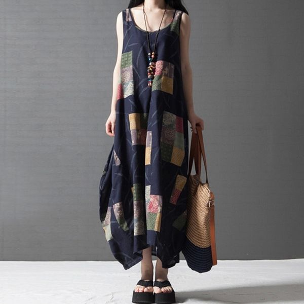 

2019 vintage wild women large size printed o-neck cotton linen dress casual sleeveless vest loose long dress vestidos mujer 7, Black;gray