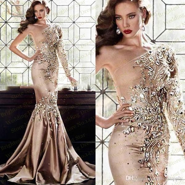 Luxo cristal Vestidos Wear Zuhair Murad Dubai de um ombro Rhinestone formal Vestidos manga comprida Ouro Vestidos de baile Robe De Mariee