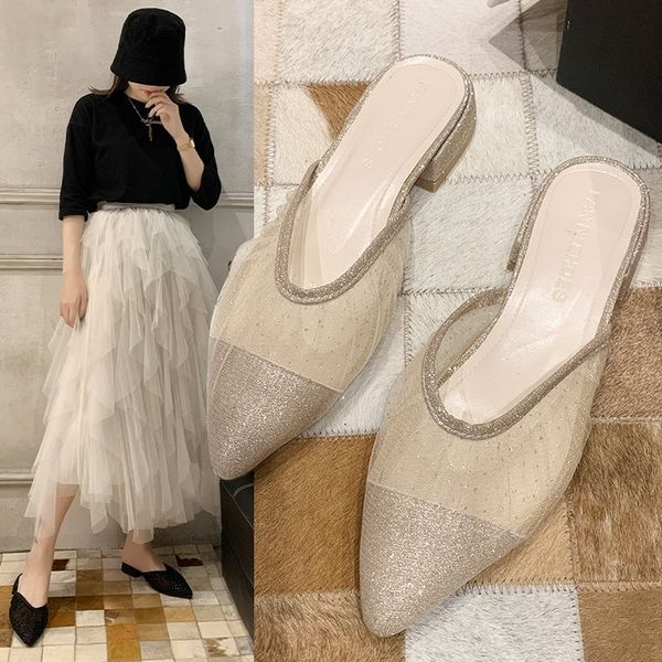 

female shoes ladies' slippers low pointed toe slides 2020 soft cover rubber hoof heels bling fabric pu cotton, Black