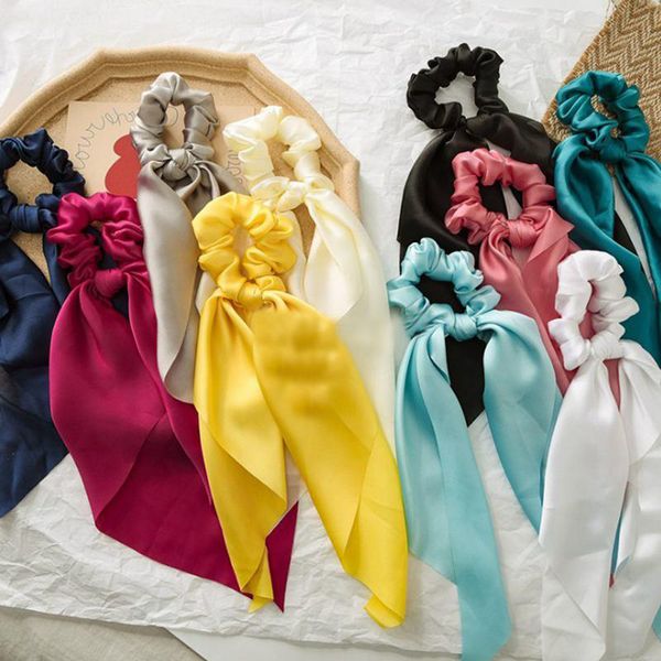 Neue DIY Bogen Streamer Elastische Haar Bands Scrunchies Einfarbig Seidig Satin Verknotet Haar Krawatten Frauen Mädchen Haar Zubehör