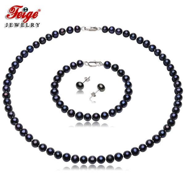 

feige retro style 6-7mm freshwater black pearl jewelry set for women 925 sterling silver black pearl earrings jewelry set