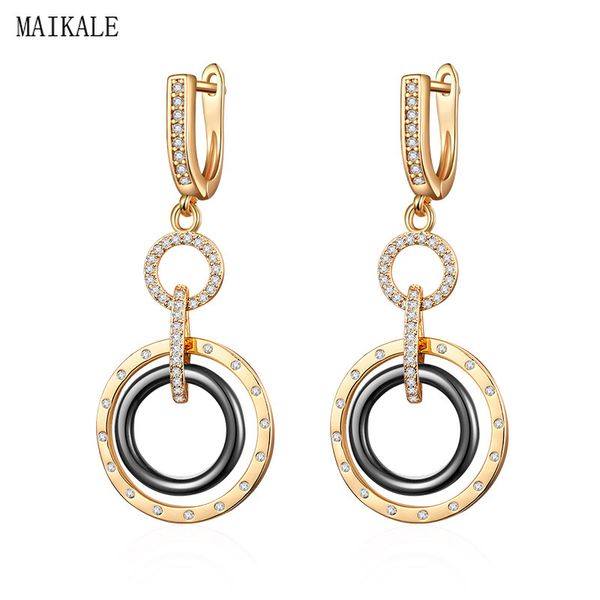 

maikale round ceramic long earrings cubic zirconia copper circle gold silver drop dangle earings for women trendy jewelry gifts, Golden
