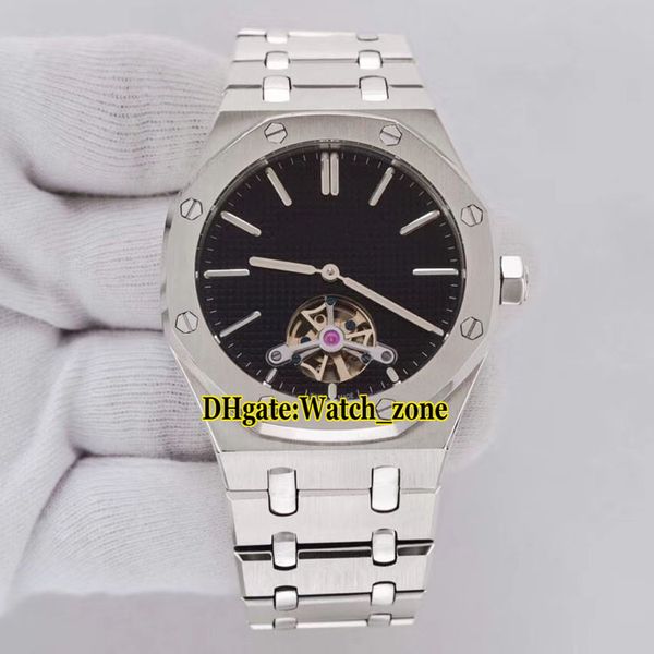 

new 41mm royal 26512st.oo.1220st.01 automatic tourbillon black textured dial mens watch stainless steel band gnets watches watch_zone, Slivery;brown