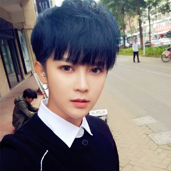 

korean fashion wig men's short straight hair handsome slanting bangs roll cover factory direct cross-border supply, Black