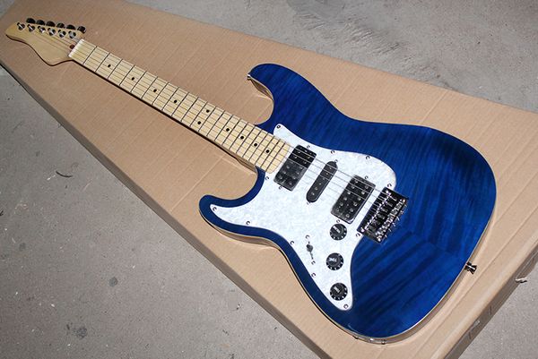 Guitarra elétrica canhota personalizada de fábrica azul escuro com folheado de bordo de chama, braço de bordo, pode ser personalizado