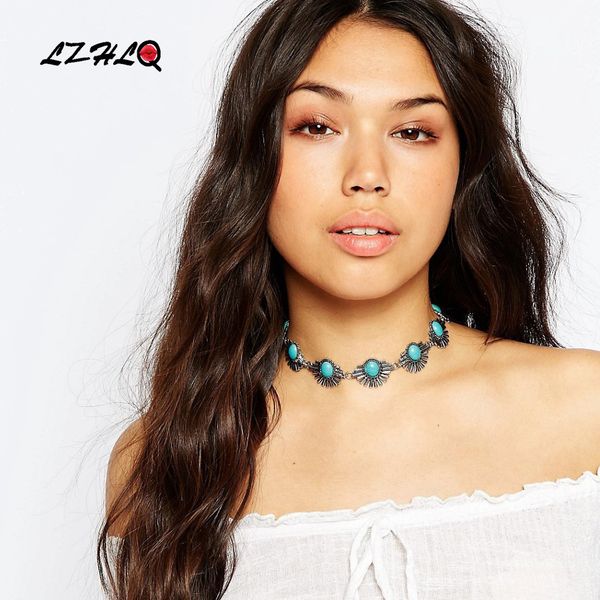

lzhlq vintage geometric turquois collar choker statement necklace women 3 colors zinc alloy necklaces pendants trendy collares, Silver