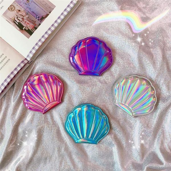 

compact mirrors 1pc shell shape makeup mirror 2x magnifying laser color double sides pocket portable foldable travel cosmetic tool