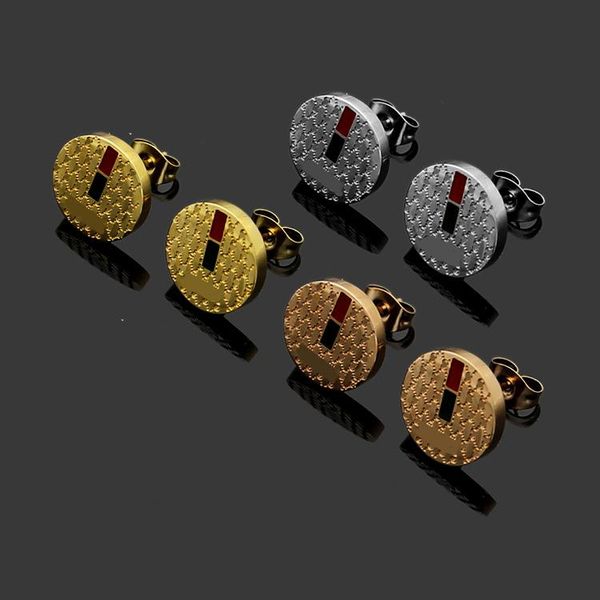 

designer titanium steel ornament g letter red green drop oil grid round brand earrings for ladies, Golden;silver