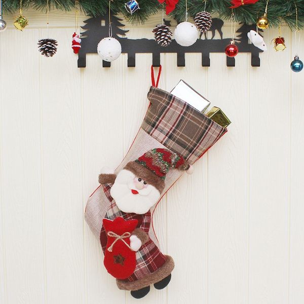 

new christmas stocking santa claus sock plaid burlap gift holder christmas tree decoration year gift xmas candy bags c1030