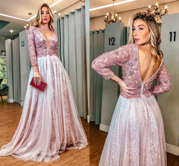 

длительный прием рукава вечерние платья 2020 backless шнурка бисера цветочные arab асо ebi кафтан женщины пром формальные второй мантий, Black