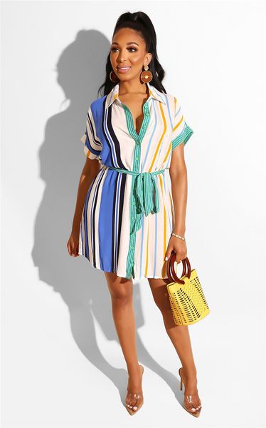 

Summer Striped Women Skirt Dress Female Panelled Dresses with Sashes Sexy Ladies Short Sleeve Holidays Dresses