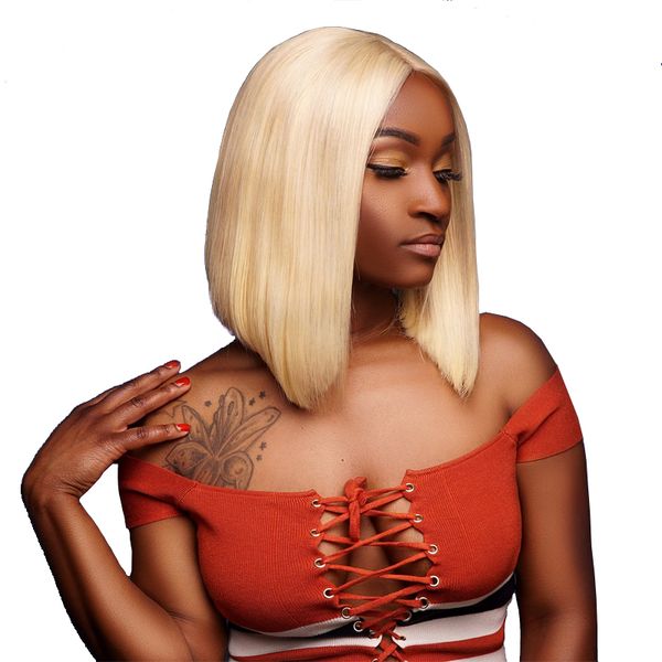 

613 blonde bob lace front wig short human hair wigs for women straight 150% density 13x4 pre plucked remy brazilian lace wig, Black