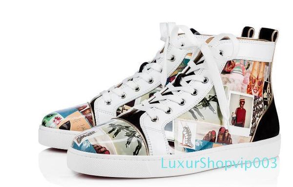 

new fashion 2019 men wedding red bottom casual shoes flat spikes men loafers graffiti patent leather pik portrait woman slip on platform, Black