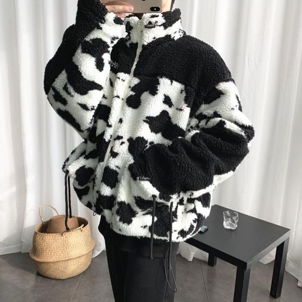 

2019 new large size winter simple popular men's loose korean version of the wild lazy wind cow patternroad plush cotton clothing, Black