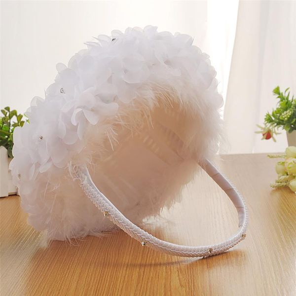 

white ostrich feather flower girl basket elegant round silk flower basket wedding favors wedding accessory