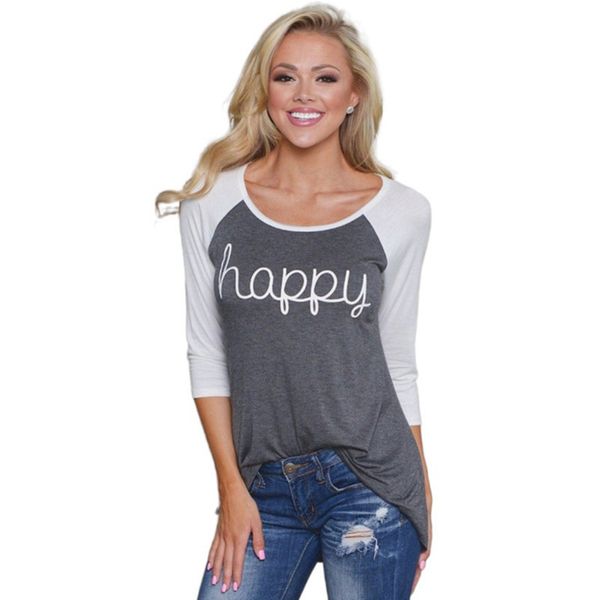 

womens designer happy letter print sweater color matching round neck shirt women7w01, Black;brown