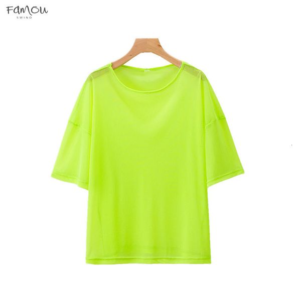

Women Fluorescent Green Summer Mesh Top T Beach Shirt Neon Scoop Neck Color Oversize T Shirt Transparent Tee Shirt Femme