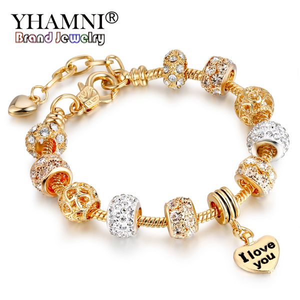 

90% off original gold bracelet crystal beads chain pulseras i love you charms bracelets bangles jewelry gift for women hsl151, Golden;silver