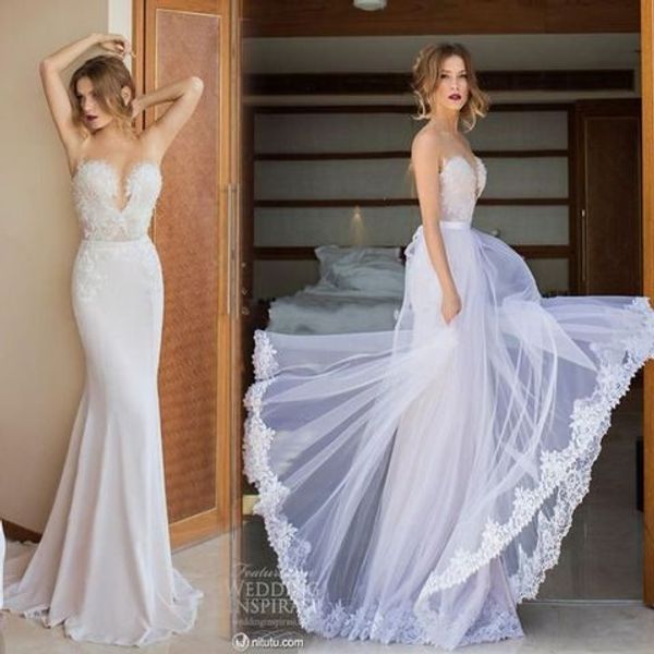 

elegant mermaid wedding dresses detachalel skirt train sweetheart lace applique beaded country designer wedding bridal gowns, White