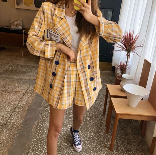 

milinsus women shorts and blazer plaid suit coat and broad-legged short two piece set ladies office suits costume femme 2019, White;black