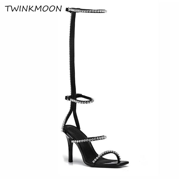

rhinestone knee high boots celebrity crystal black women summer boots gladiator high heels shoes female fashion 2019